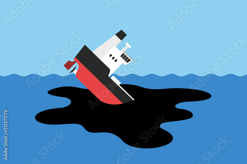 Ecological and environemntal disaster of polluted and contaminated  sea and ocean - oil spill on the water after crash and sink of tanker