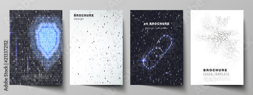 Vector layout of A4 format cover mockups design templates for brochure, magazine, flyer, booklet, report. Binary code background. AI, big data, coding or hacker concept, digital technology background