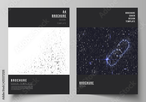Vector layout of A4 format cover mockups design templates for brochure, magazine, flyer, booklet, report. Binary code background. AI, big data, coding or hacker concept, digital technology background