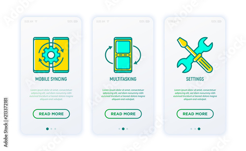 App development thin line icons: mobile syncing, multitasking, settings. Modern vector illustration for user mobile app interface.
