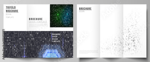 The minimal vector layouts. Modern creative covers design templates for trifold brochure or flyer. Binary code background. AI, big data, coding or hacker concept, digital technology background.