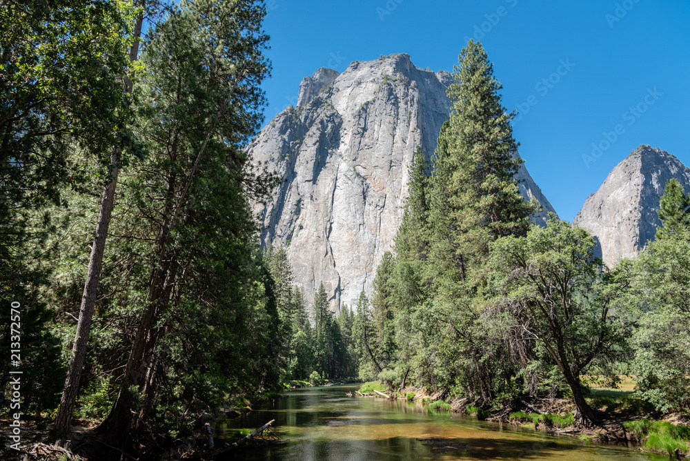 El Capitan rock formation and the Merced River in Yosemite National Park, California.