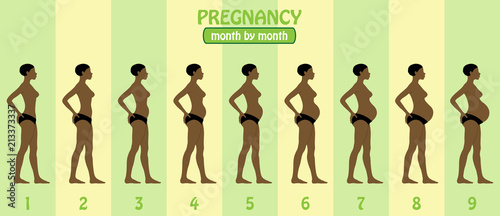 Month by month pregnancy stages of Afro American pregnant woman with pants