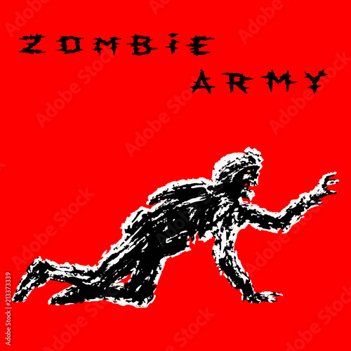 Black silhouette a zombie soldier in helmet is creeps on all fours. Vector illustration.