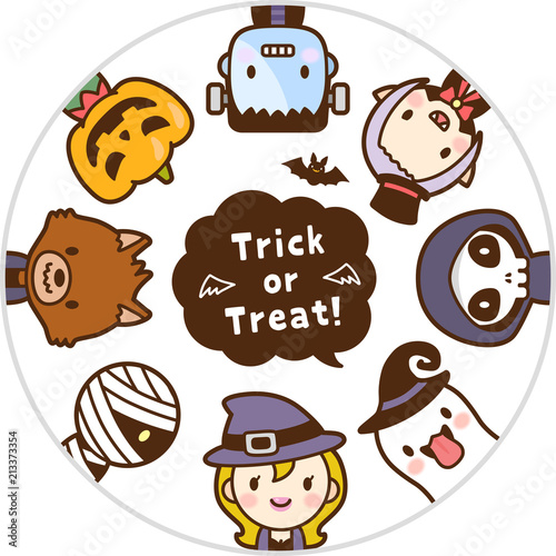 ハロウィンのかわいいモンスター　トリックオアトリート　顔　丸　アイコン　セット