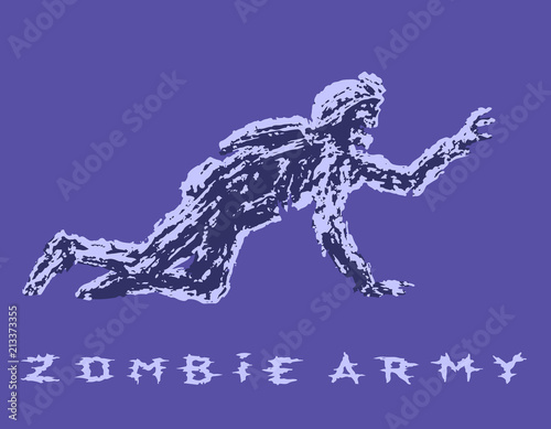 Black silhouette a zombie soldier in helmet is creeps on all fours. Vector illustration.