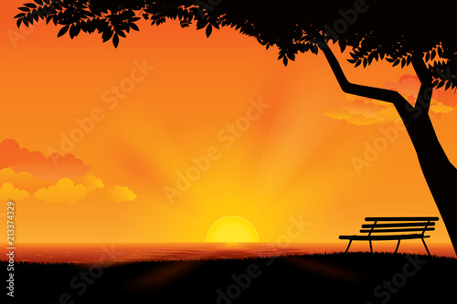 Sunset on the horizon over the sea landscape. Vector illustration © Manovector