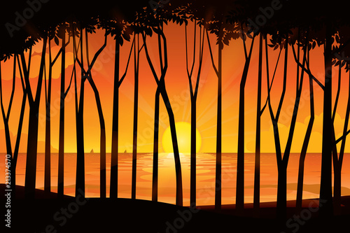 Sunset on the horizon over the sea landscape. Vector illustration