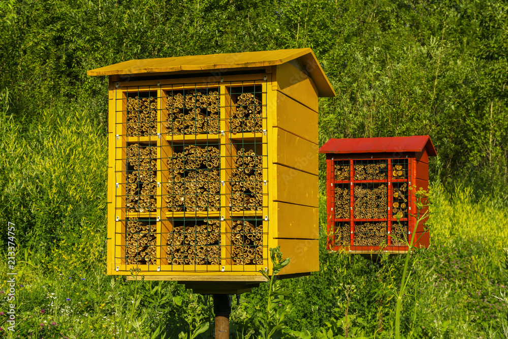 multicolored artificial nest blocks for wild solitary mason bees for pollination of plants
