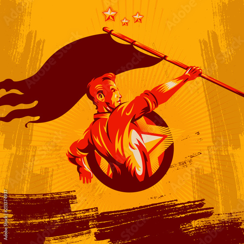 Revolution Poster. Propaganda Background Style. Revolution raising The Flag. photo