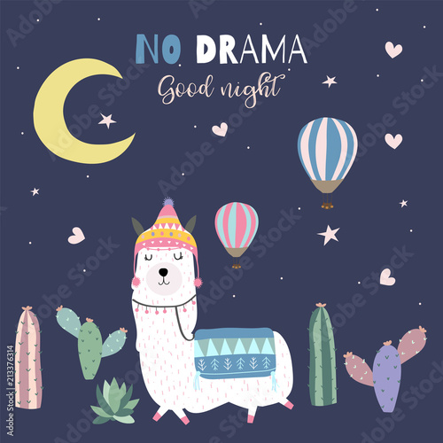 Dark blue hand drawn cute card with llama,cactus,hat,balloon,star,heart and moon.No drama good night