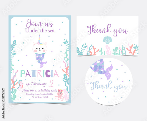 Hand drawn cute card with caticorn,squid,coral and sea horse.Thank you