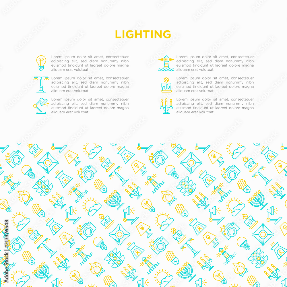 Lighting concept with thin line icons: bulb, LED, CFL, candle, table lamp, sunlight, spotlight, flash, candelabrum, bonfire, menorah, lighthouse. Modern vector illustration, print media template.