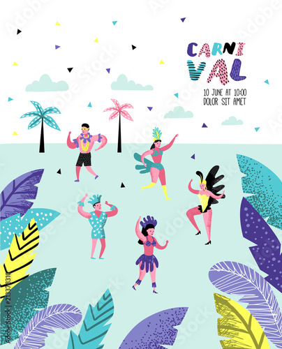 Carnival Poster, Banner, Brochure with Dancing Character People. Masqeurade Party Elements with Masks and Festive Symbols. Vector illustration