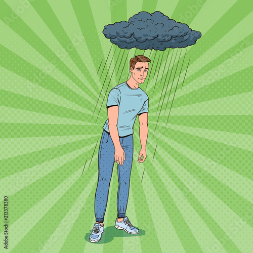 Pop Art Depressed Young Man Under the Rain. Confused Disappointed Guy. Facial Expression. Negative Emotion. Vector illustration
