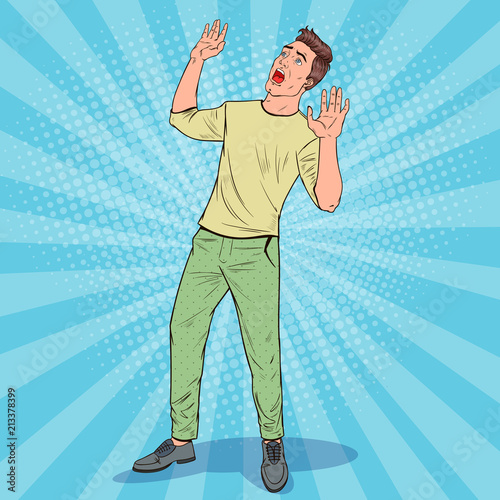 Pop Art Frightened Man. Scared Facial Expression. Shocked Guy Holding Hands Upwards. Negative Emotion. Vector illustration