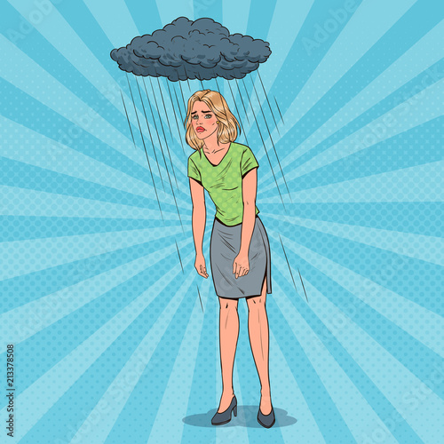 Pop Art Depressed Young Woman Under the Rain. Confused Disappointed Girl. Facial Expression. Negative Emotion. Vector illustration