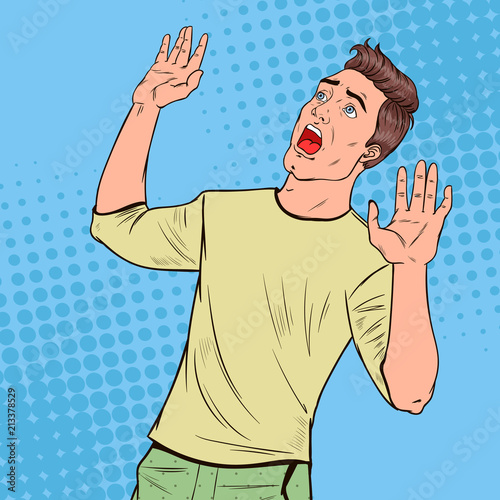 Pop Art Frightened Man. Scared Facial Expression. Shocked Guy Holding Hands Upwards. Negative Emotion. Vector illustration