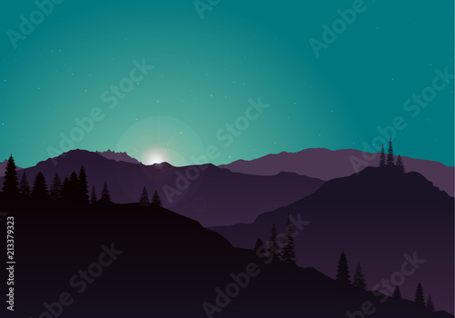 Mountain Landscape with Forest background, Flat Vector Illustration Green and Purple