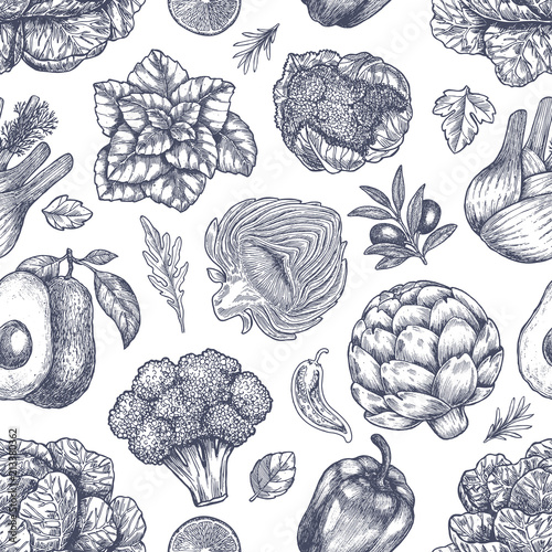 Vegetables seamless pattern. Handsketched vintage vegetables. Line art illustration. Vector illustration