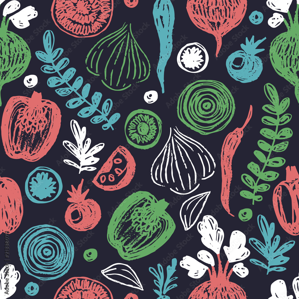 Fresh vegetables seamless pattern. Sketchy fun healthy eating background. Fresh vegetables seamless pattern. Sketchy fun healthy eating background.