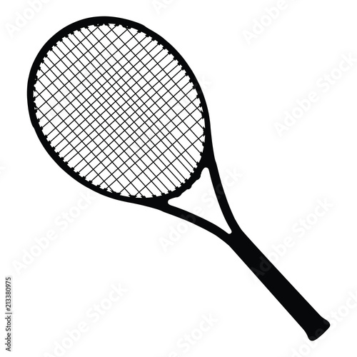 A black and white silhouette of a tennis racket