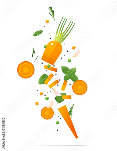Flying fresh carrots and spices concept , healthy food background , vector, illustration