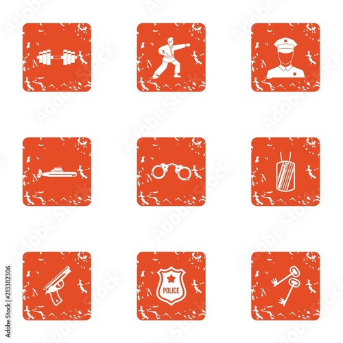 Police training icons set. Grunge set of 9 police training vector icons for web isolated on white background
