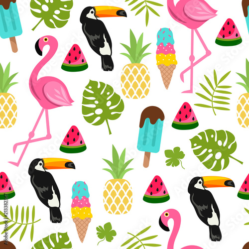 Colorful summer seamless background. flamingos and toucans. vector cartoon illustration