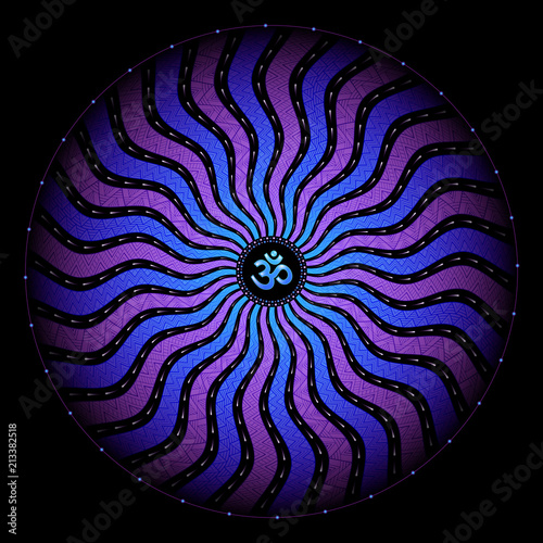 Divinely symbol Om; Spiritual sacred geometry, mandala in trance psychedelic style; Vector illustration, square format.
