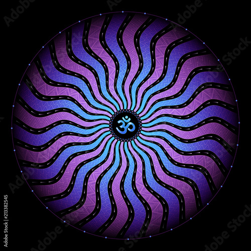 Divinely symbol Om; Spiritual sacred geometry, mandala in trance psychedelic style; Vector illustration, square format.