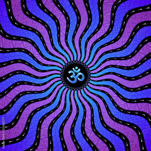 Divinely symbol Om; Spiritual sacred geometry, mandala in trance psychedelic style; Vector illustration, square format.