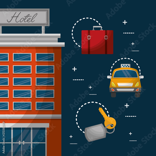 hotel building billboard in roof with taxi suitcase