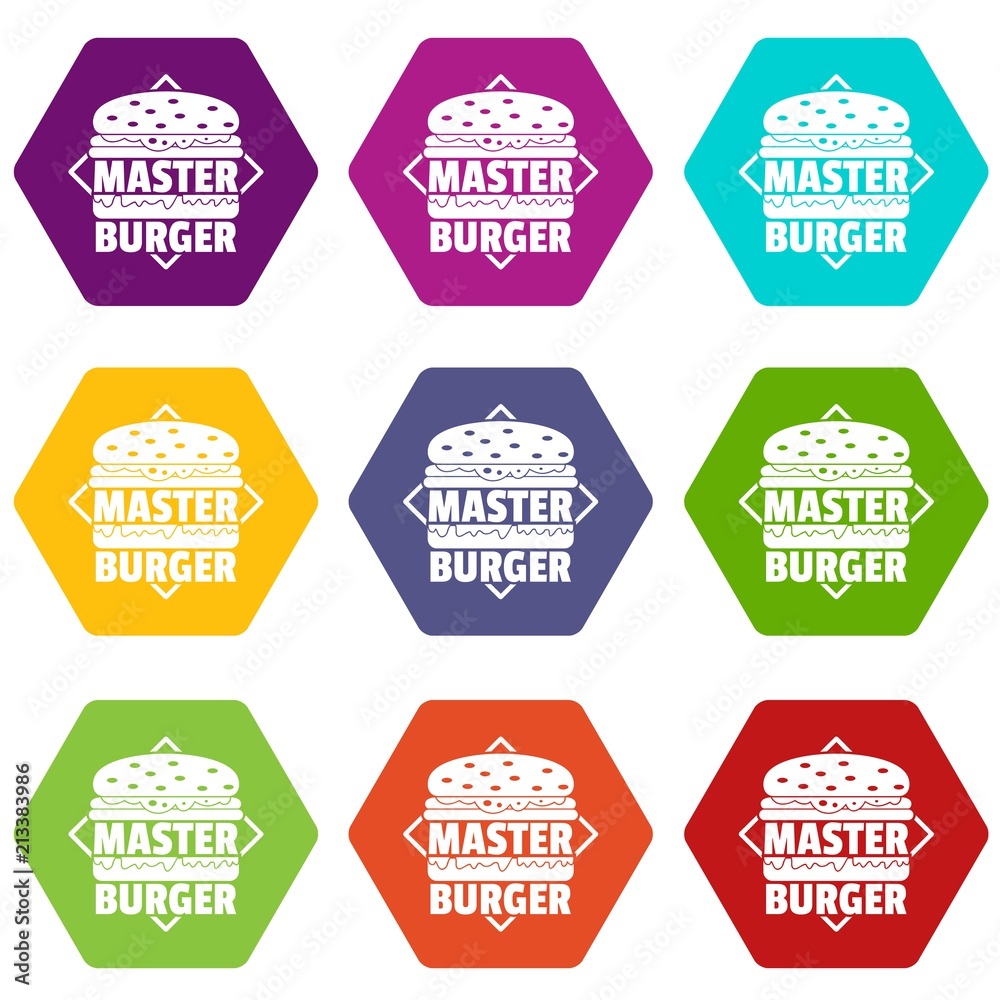 Master burger icons 9 set coloful isolated on white for web Master burger icons 9 set coloful isolated on white for web