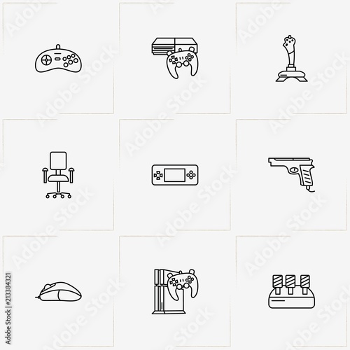 Video Games line icon set with gaming pedals , joystick  and computer mouse