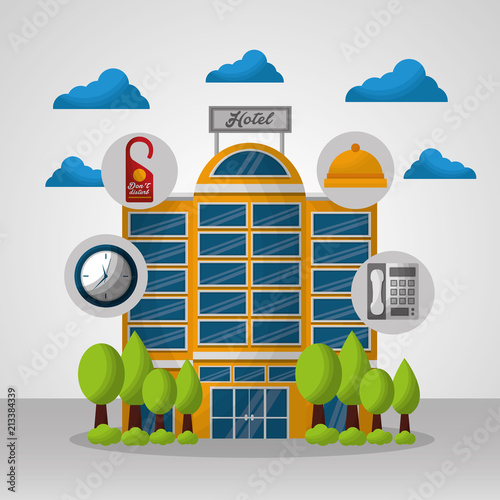 hotel building taxi and suitcase