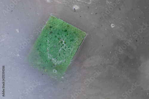 Green dirty sponge floating in dirty grey water