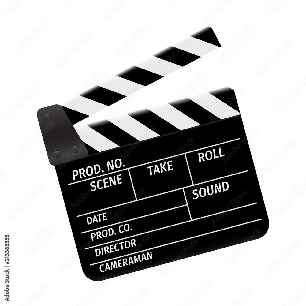 Obraz premium Clapperboard - movie clapper vector. Open black clapper board for the action scene or filming and shooting movie. Cinéma. Filmklappe geöffnet und leer.