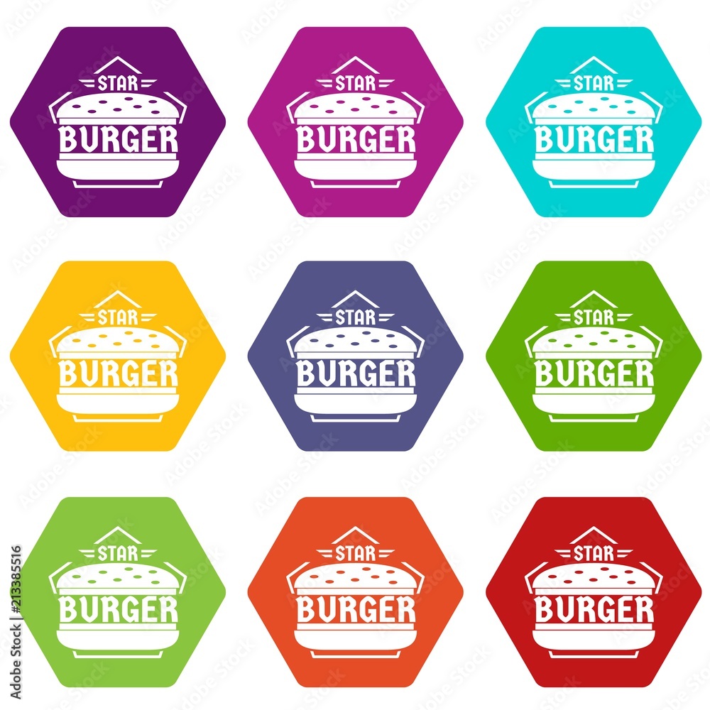Star burger icons 9 set coloful isolated on white for web