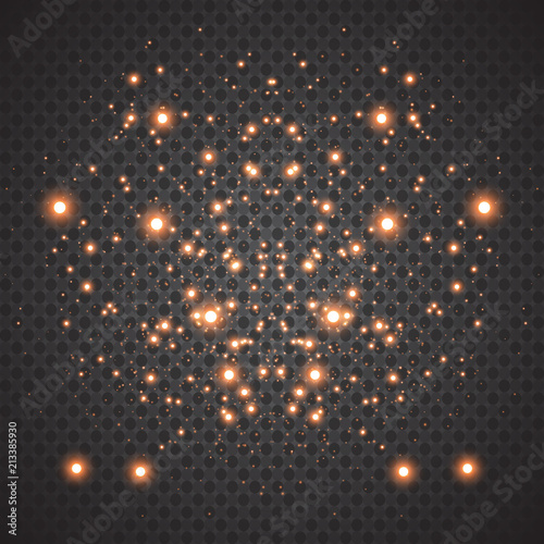 abstract background of real dust particles with backlight with a real flash lens. shiny lights. Abstract Festive vintage lights are defocused. Christmas and New Year's holiday.