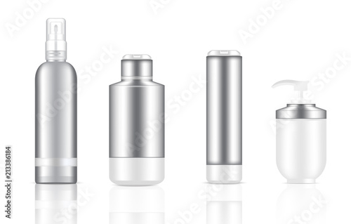 Mock up Realistic White and Metal Cosmetic Pump Soap, Shampoo and Spray Luxury Bottles Set Background Illustration