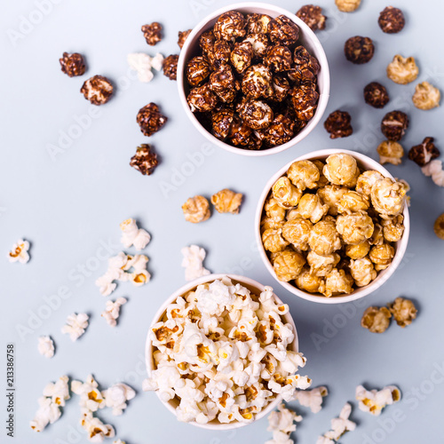 set of sweet and salted popcorn in paper cups