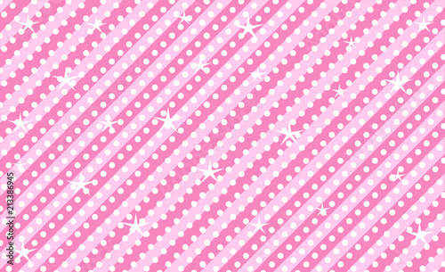 Pink vector background with stripes and polka dots. Cute rose backdrop for decoration girly party. Wrapper paper design for little princess. Beautiful light abstract pattern for kids invitation

