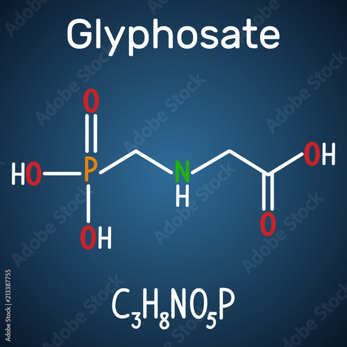 Glyphosate molecule. It is a broad-spectrum systemic herbicide.  Structural chemical formula and molecule model on the dark blue background