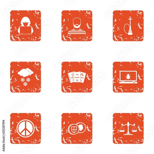 Slackness icons set. Grunge set of 9 slackness vector icons for web isolated on white background