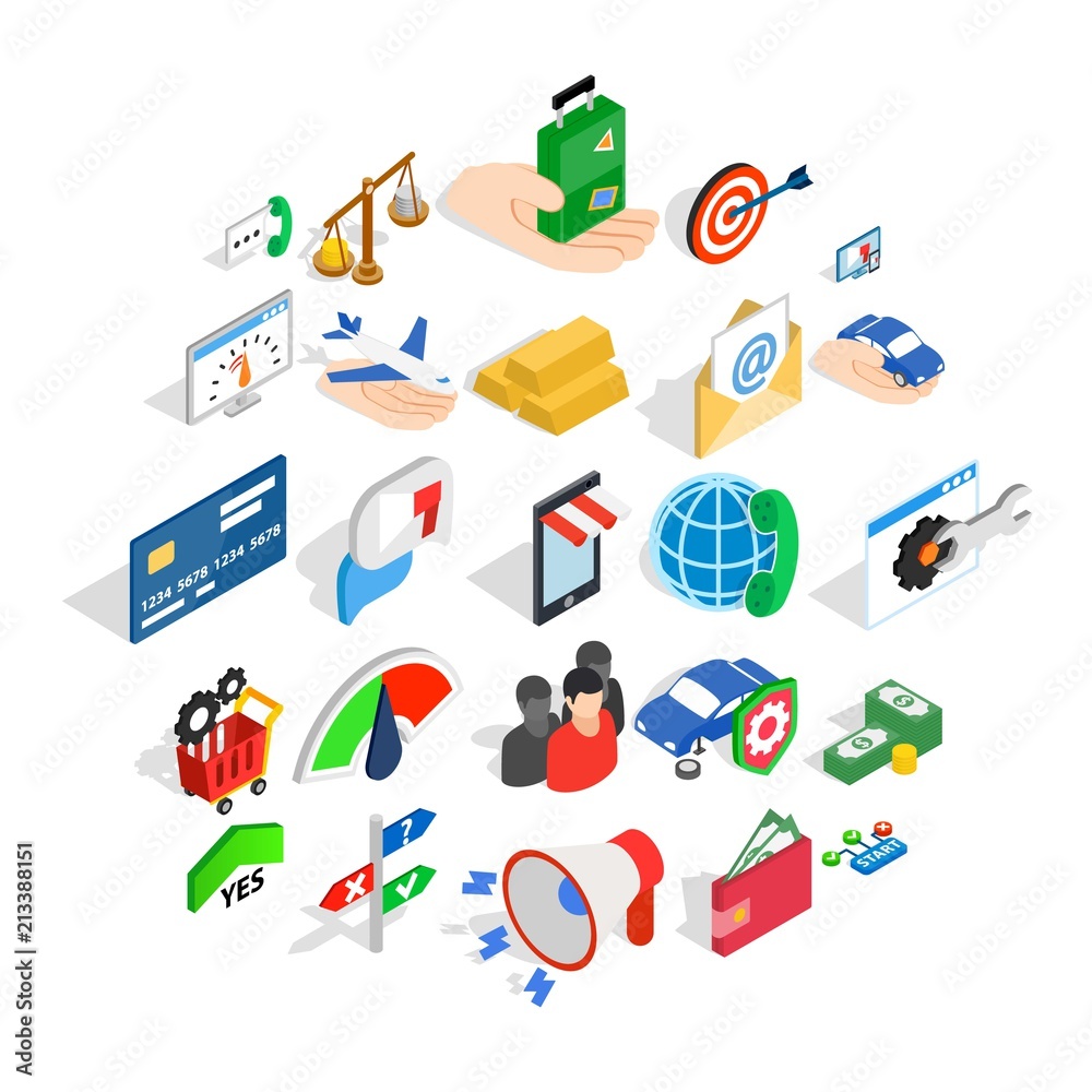 Payment icons set. Isometric set of 25 business payment vector icons for web isolated on white background