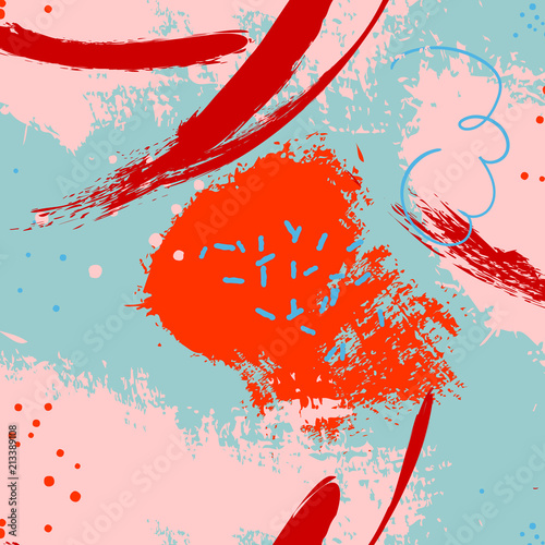 Vector abstract paint backdrop. Stain handmade contrast pattern. Trendy  grunge orange red blue ink. Dirty gouache  line stroke spray. Minimalistic canvas cover
