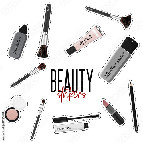 Vector make-up essentials: mascara, lipgloss, lipstick, set of brushes, foundation, blush, liner. Beauty fashion glamour kit. Cosmetic advertising product sticker, decorative  professional  set