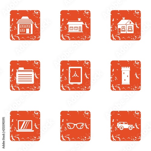 Premise icons set. Grunge set of 9 premise vector icons for web isolated on white background