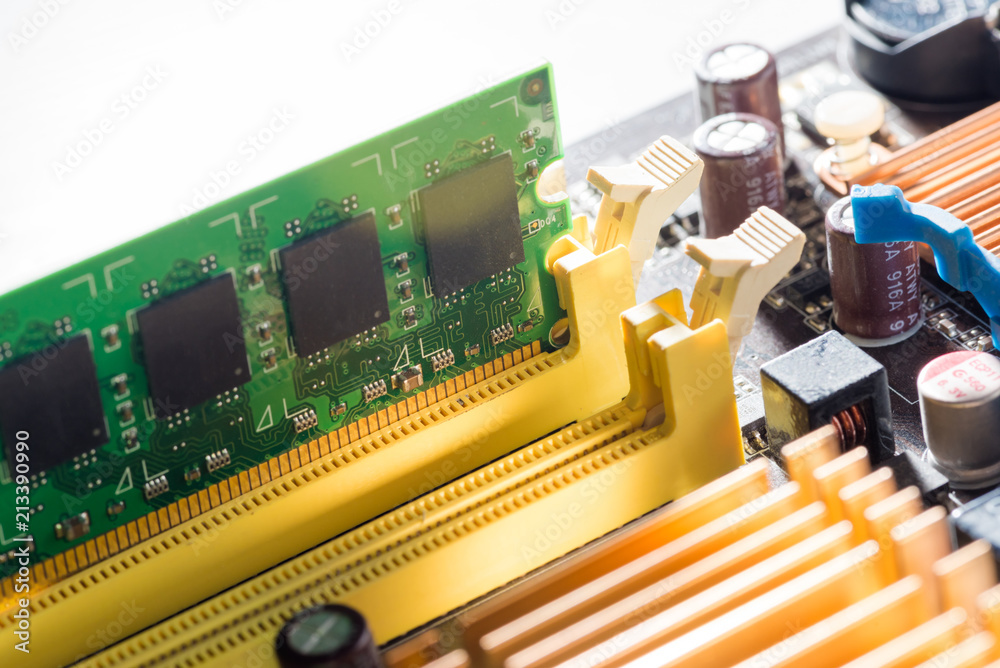 Close up of Electronic Ram(random access memory) on Mainboard computer Close up of Electronic Ram(random access memory) on Mainboard computer